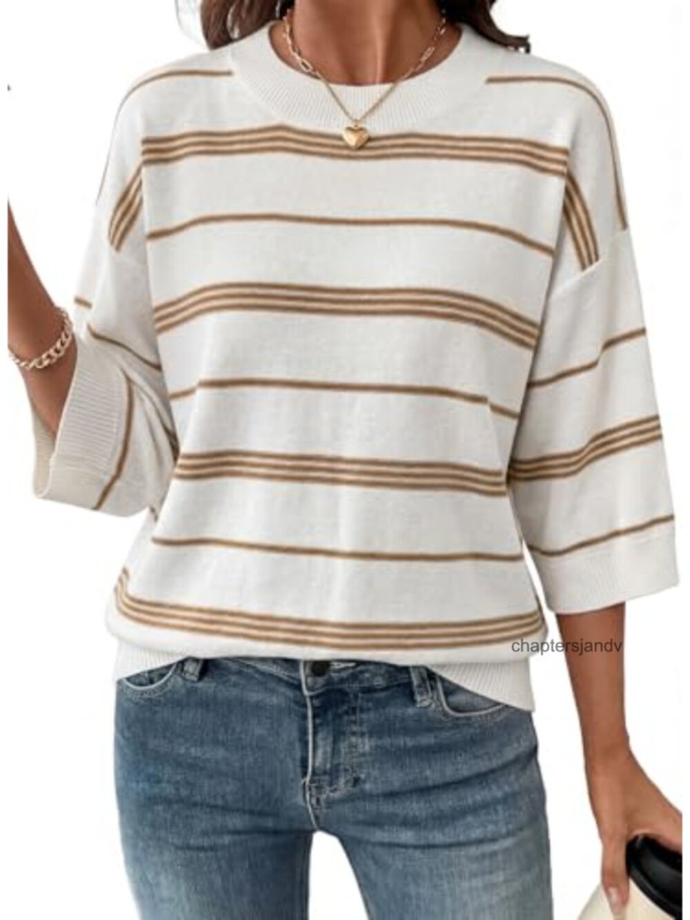 Womens Oversized 3/4 Sleeve Striped Lightweight Knit Sweater